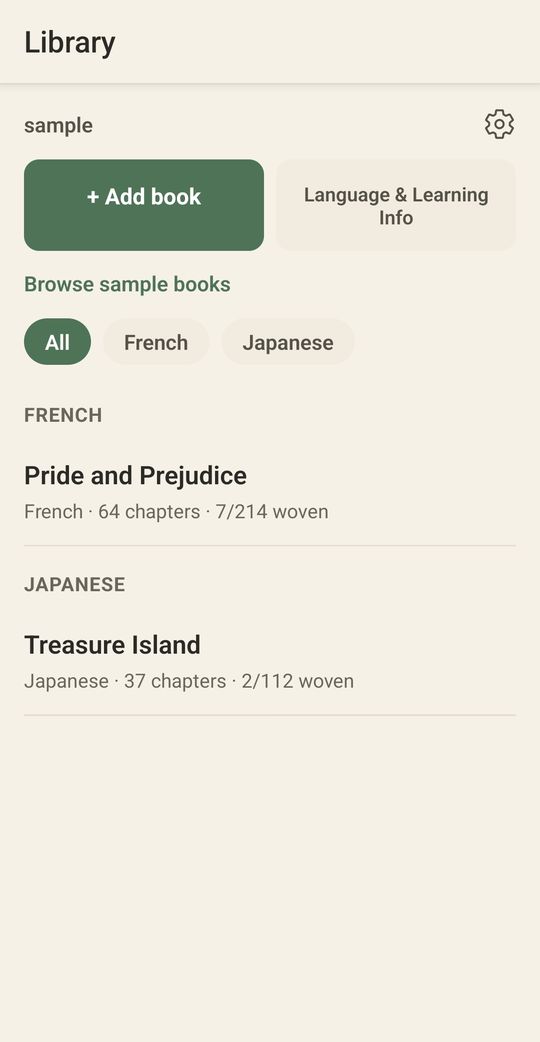 The Vefna library, listing a French copy of Pride and Prejudice and a Japanese copy of Treasure Island, with an Add book button.
