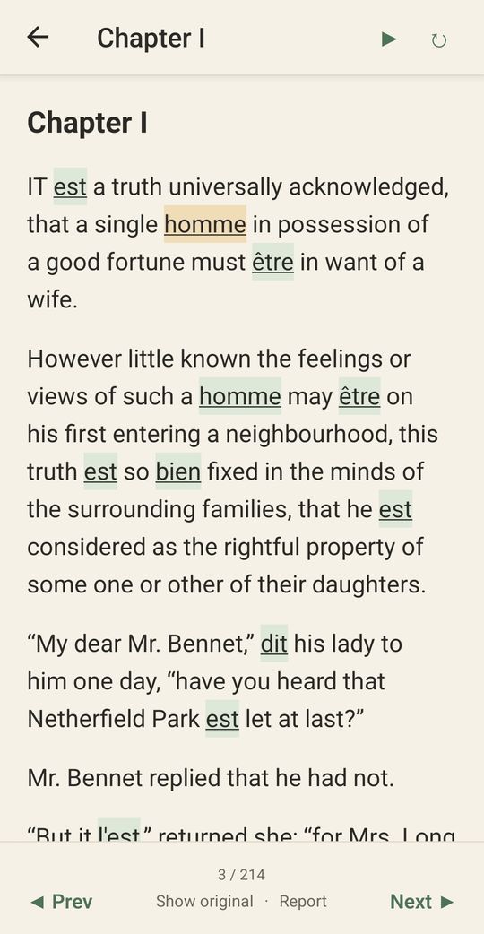 A page of Pride and Prejudice in English with a few French words woven in and highlighted.