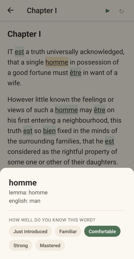 A word popup for the French word homme, showing its meaning and five levels for how well the word is known.
